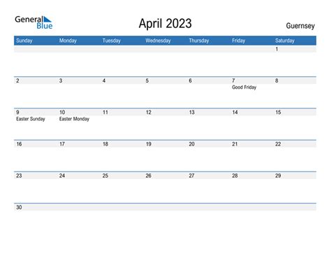 April 2023 Calendar With Guernsey Holidays