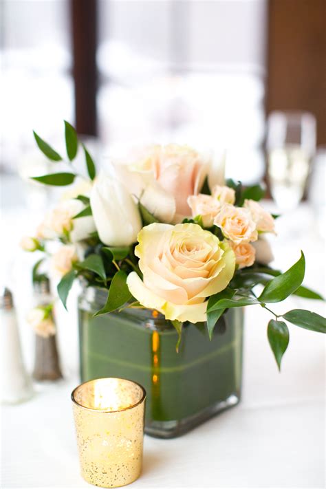 beautiful simple centerpiece with glass square vase blush roses greenery an… wedding vase