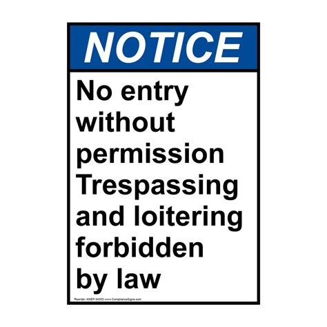 Vertical No Entry Without Permission Trespassing Sign Ansi Notice