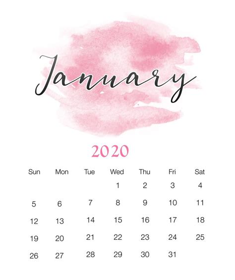 Watercolor January 2020 Wall Calendar Print Calendar Calendar