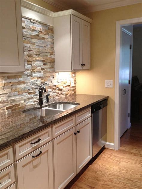 Incredible White Kitchen Cabinets With Stacked Stone Backsplash With