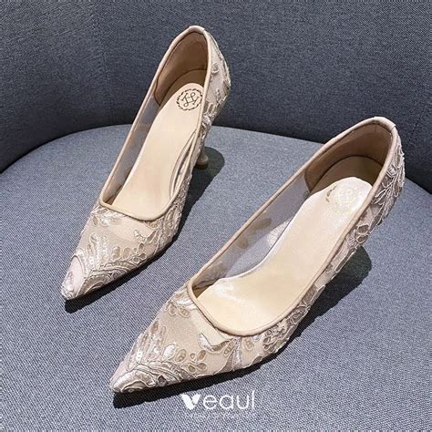 Charming Champagne See Through Flower Lace Wedding Shoes 2020 8 Cm