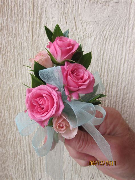 Hot Pink Spray Rose Pin On Corsage With Sky Blue Ribbon Pink Bouquet