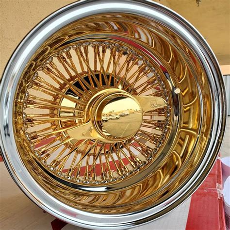 13x7 Wire Wheels Reverse 72 Spoke Straight Lace American Gold Center With Chrome Lip Rims Etc766 1