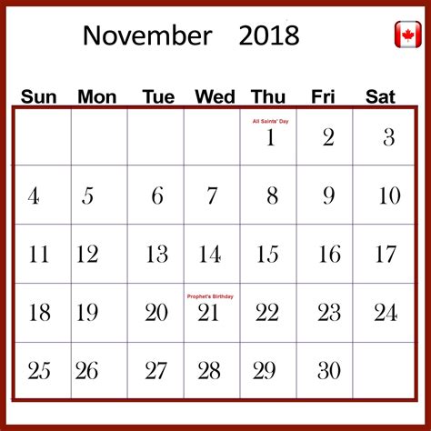 November 2018 Holidays Calendar For Canada Holiday Calendar Calendar