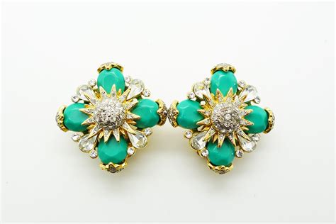 Vogue Bijoux Vintage Turquoise Crystal Gold Clip On Earrings Etsy