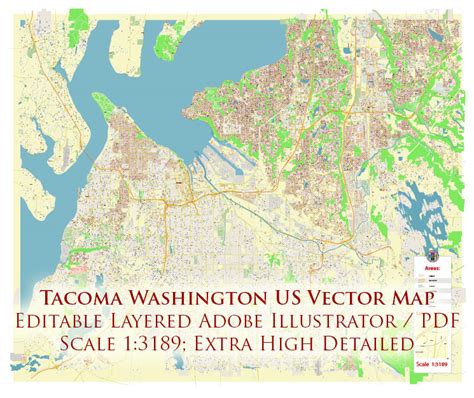 Tacoma Washington Us Pdf City Vector Map Exact High Detailed Editable