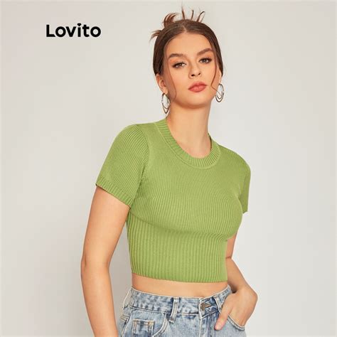 113xj Lovito Casual Round Neck Short Sleeve Women Knit Top L33ld035 Green Shopee Philippines