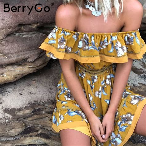 Berrygo Off Shoulder Ruffle Floral Print Summer Dress Women Sexy Hollow Out White Mini Beach