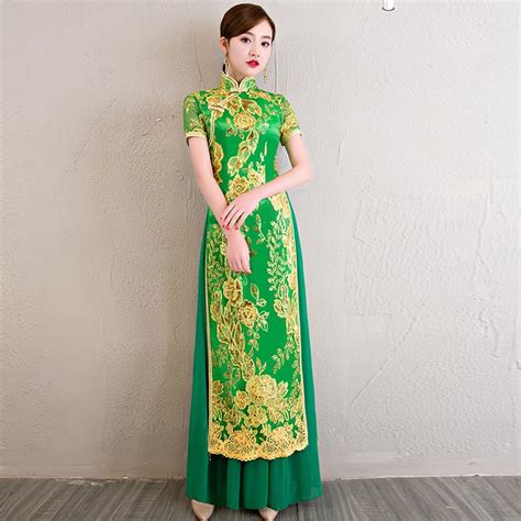 Vietnam Ao Dai Dress Cheongsam Green Qipao Long Traditional Chinese Dresses Summer Women Sexy