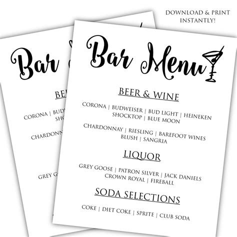 diy bar menu template printable bar menu  classyprintsonline