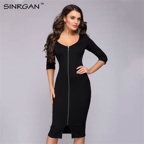 Sinrgan Dress Women Autumn Winter V Neck Elegent Longsleeve Front Split Office Black Bodycon