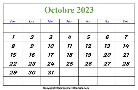 Calendrier Octobre 2023