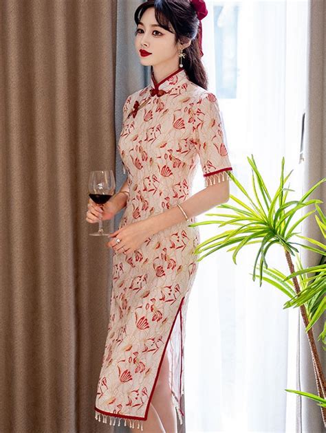 Floral Lace Mid Qipao Cheongsam Dress CozyLadyWear
