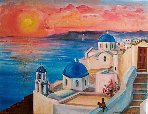 Santorini Landscape Sunset Original Oil Painting Greek Island Blue Sea