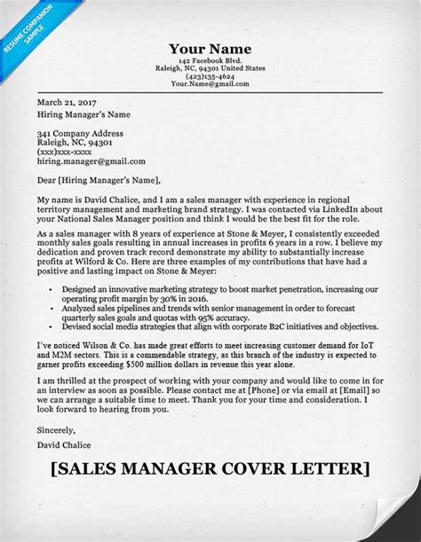 Sales Manager Cover Letter Sample Resume Companion
