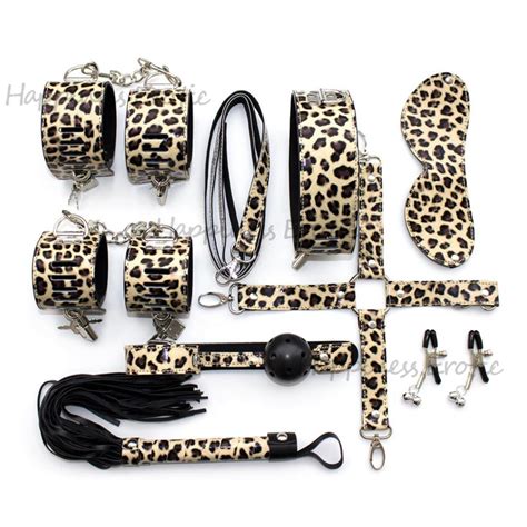 Adult Games 8pcsset Leopard Grain Leather Handcuffs Gag Nipple Clamps