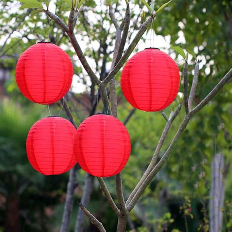 8 Inch Solar Hanging Ball Lanterns Red Nylon Japanese Chinese Lantern