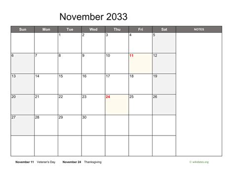 November 2033 Calendar With Notes