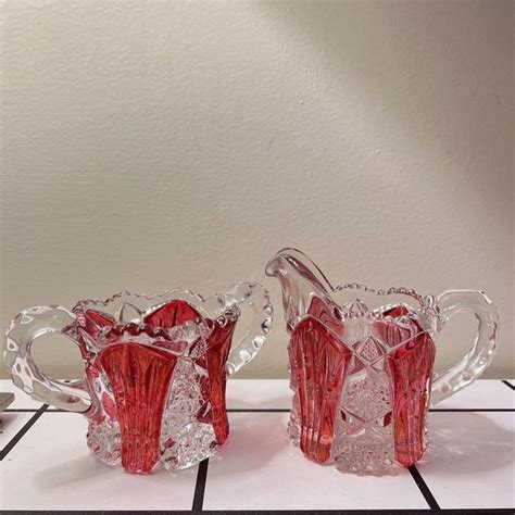 Dining Vintage Ruby Imperial Glass Ohio Nucut Open Sugar And Creamer