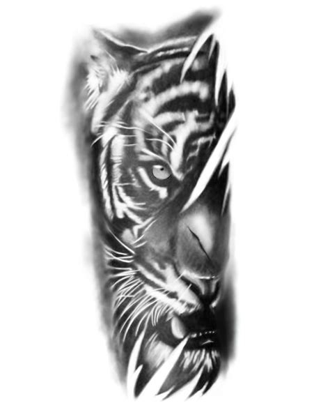 A Black And White Tiger Tattoo Design On The Left Side Of The Leg With