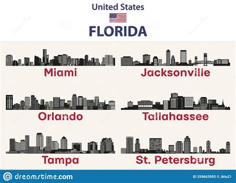Florida Cities Skylines Silhouettes Vector Set Stock Vector