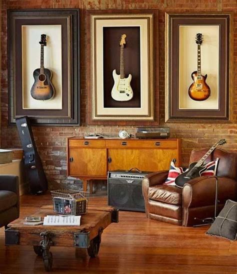 Shadow boxes to showcase and hold guitars. Brilliant idea! | Music room