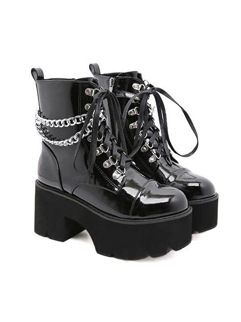 simanlan women s chunky platform goth combat boots with chains punk high heel lace up ankle boot