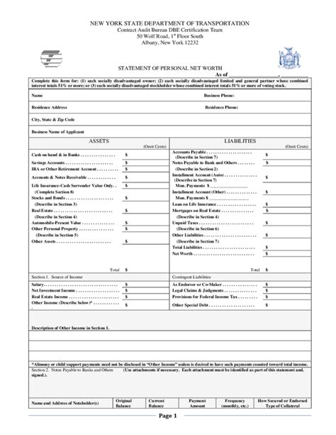 Personal Net Worth Statement Form New York Free Download