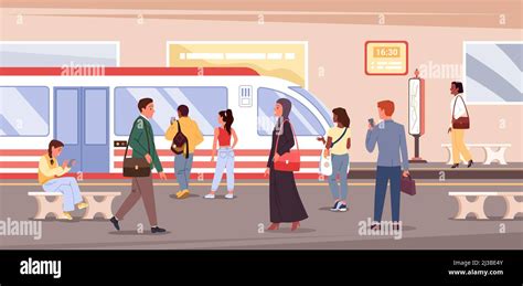 Cartoon Crowd Of People Travel Waiting And Standing On Platform With