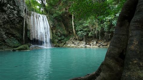 Tranquil And Serene Scene Of Waterfall Falling In Wild Pond In Jungle