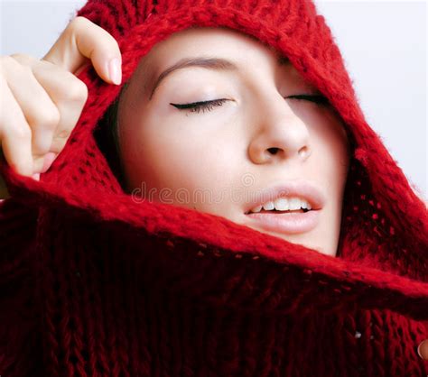 Young Pretty Woman In Sweater And Scarf All Over Her Face Winter Cold