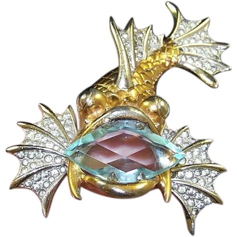 Mb Boucher Rare 1940s Giant Pave And Aquamarine Crystal Rock Fish Pin
