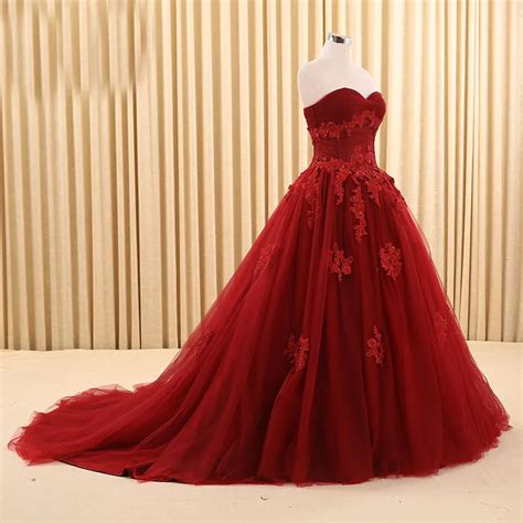 Dark Red Wedding Dresses 2017 Sweetheart Appliqued Ball Gown Floor Length Bride Wedding Gowns