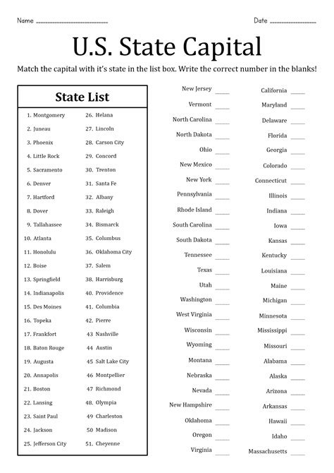 50 States And Capitals Printable Worksheets