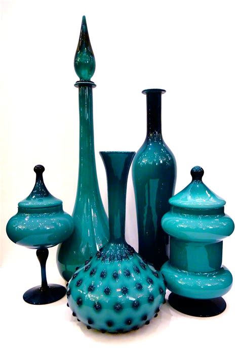 Turquoise Teal Colored Mid Century Modern Glass Collection P O A Larger Collection At The End