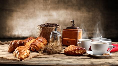 Image Coffee Croissant Grain Spikes Cup Food Vapor 2560x1440