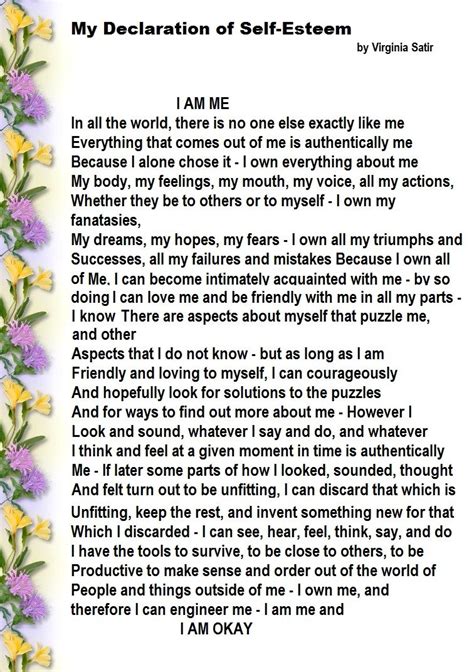 My Declaration Of Self Esteem By Virginia Satir This Is One Of My
