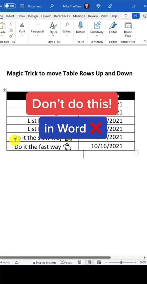 Word Shortcut To Move A Table Row Up And Down Artofit