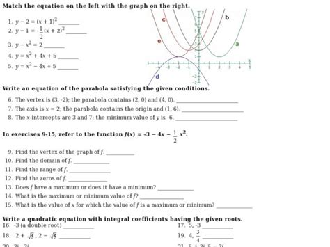 Parabolic Equations Worksheet For 11th 12th Grade Lesson Planet