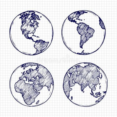 Globe Sketch Hand Drawn Earth Planet With Continents And Oceans Stock