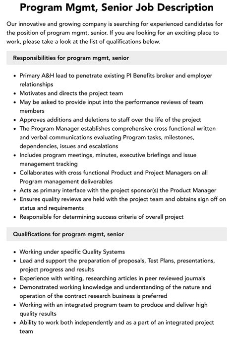 Program Mgmt Senior Job Description Velvet Jobs
