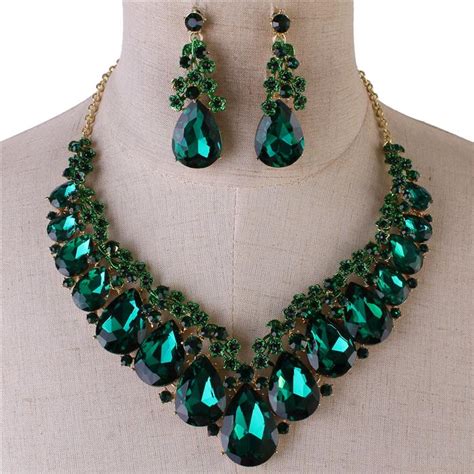 Emerald Green Teardrop Glass Necklace Set Glam Kandy Jewelry