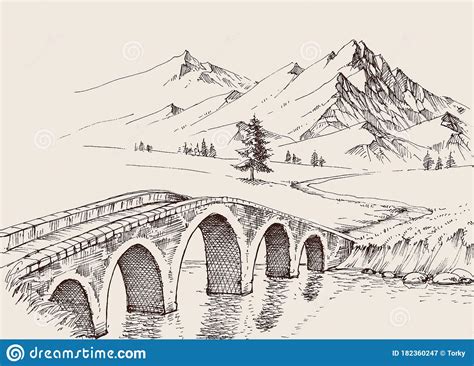 Stone Bridge Over River In The Mountains Stock Vector Illustration Of