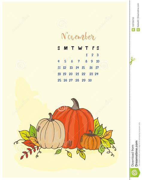 Mes Calendario Noviembre De 2018 El Amarillo Y Las Ramas Calabazas Y