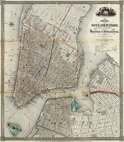 1840 Old Map Of New York City Vintage Manhattan Map Brooklyn