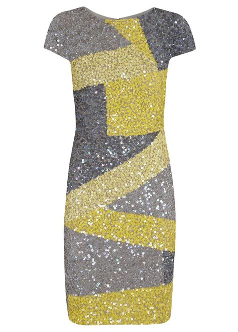 Alice Olivia Taryn Yellow And Grey Sequinned Mesh Dress In Yellow Lyst