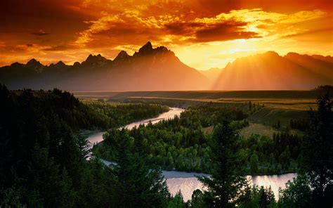 Sunset Mountains Clouds Landscapes Sun Forest Rivers Wallpaper