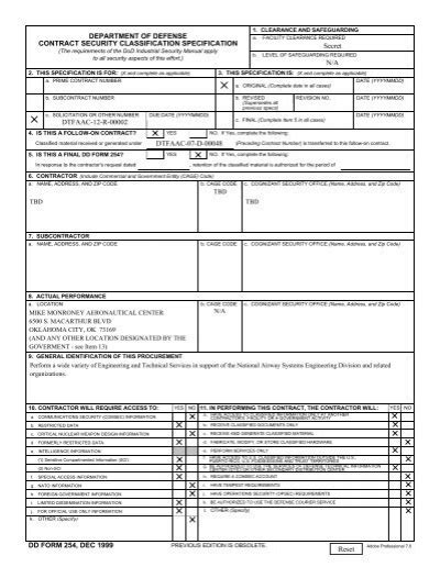 Dd Form 254 Department Of Defense Contract Security