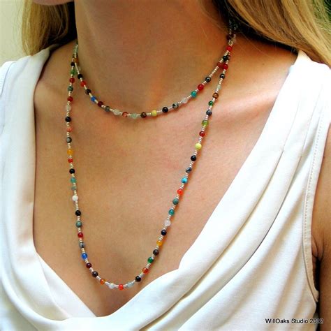 Multi Colored Bead Necklace Colorful Long Stone Beaded Necklace